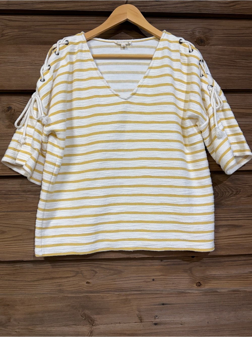 Jane and Delancey Terry Cloth Striped V-Neck Lace-Up Sleeve Top